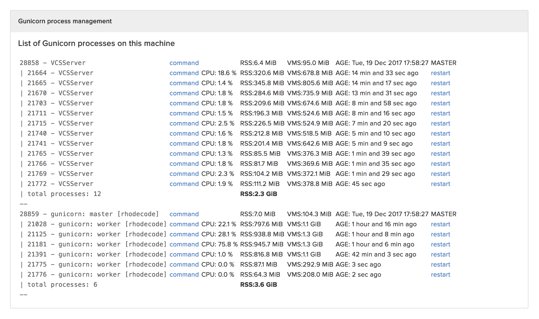 RhodeCode processes page