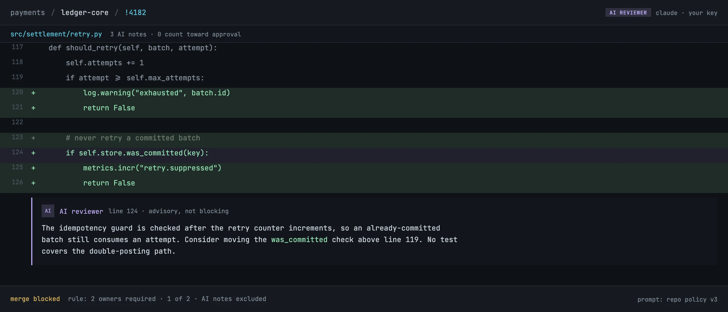 Illustration of an AI reviewer commenting inline on a pull request
