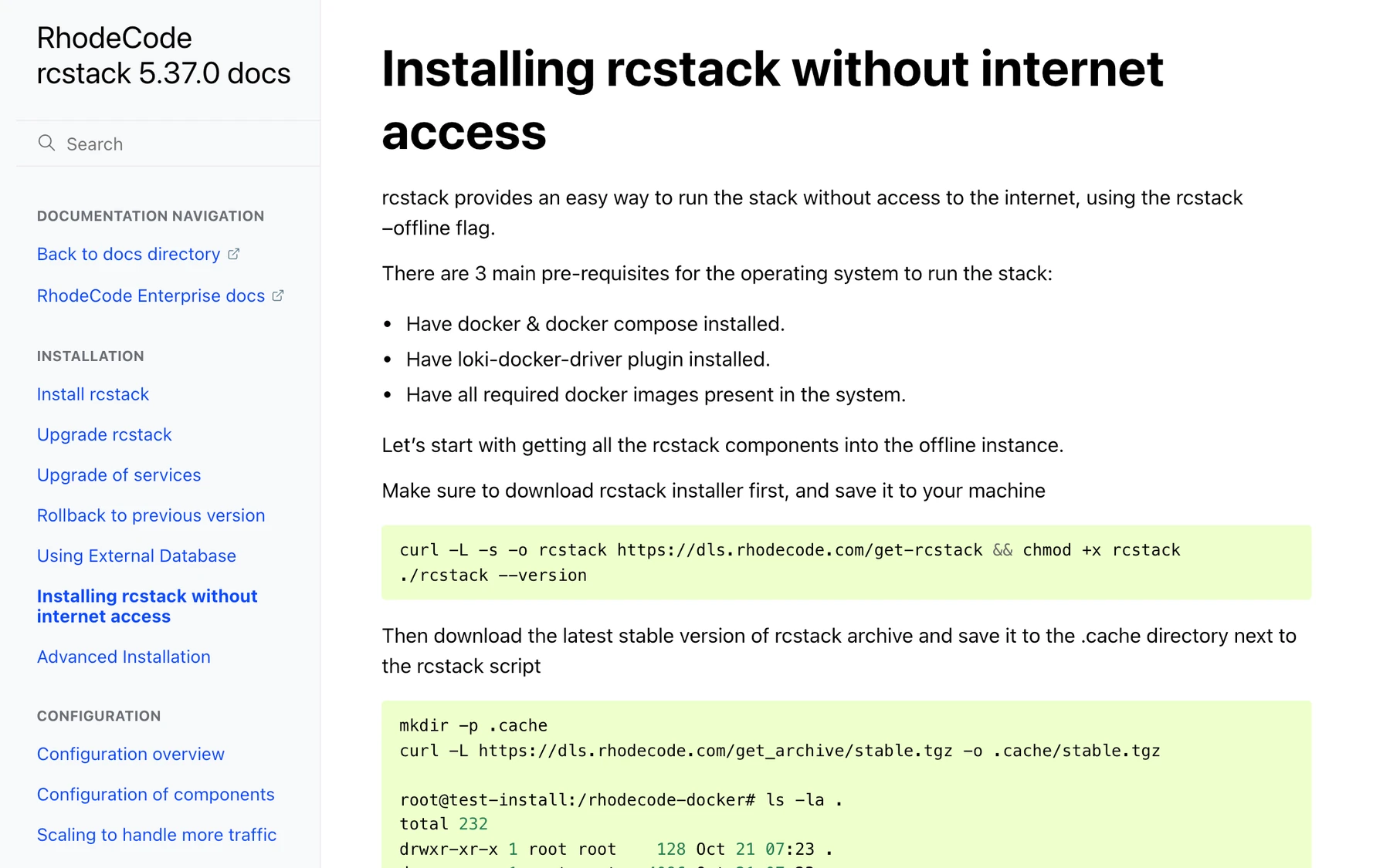 rcstack documentation — installing without internet access, with the offline download commands