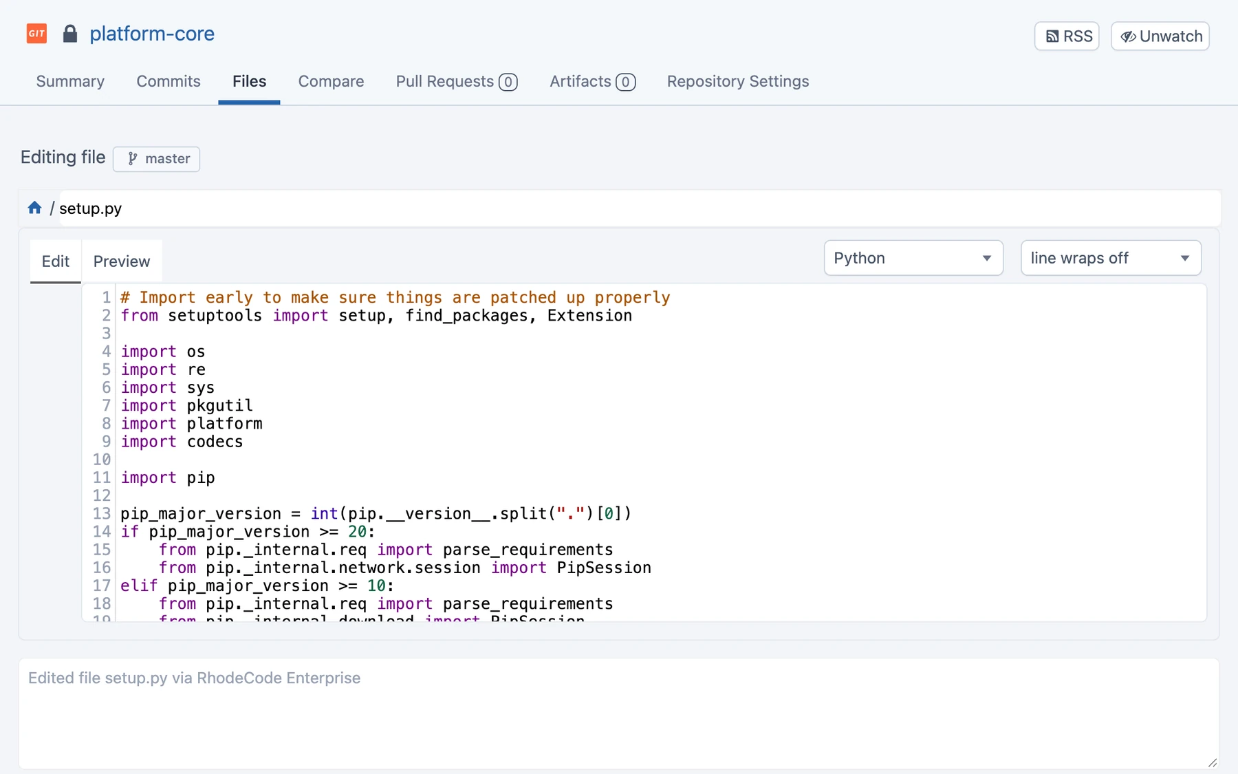 Editing setup.py in the browser with Python syntax highlighting, above the commit message