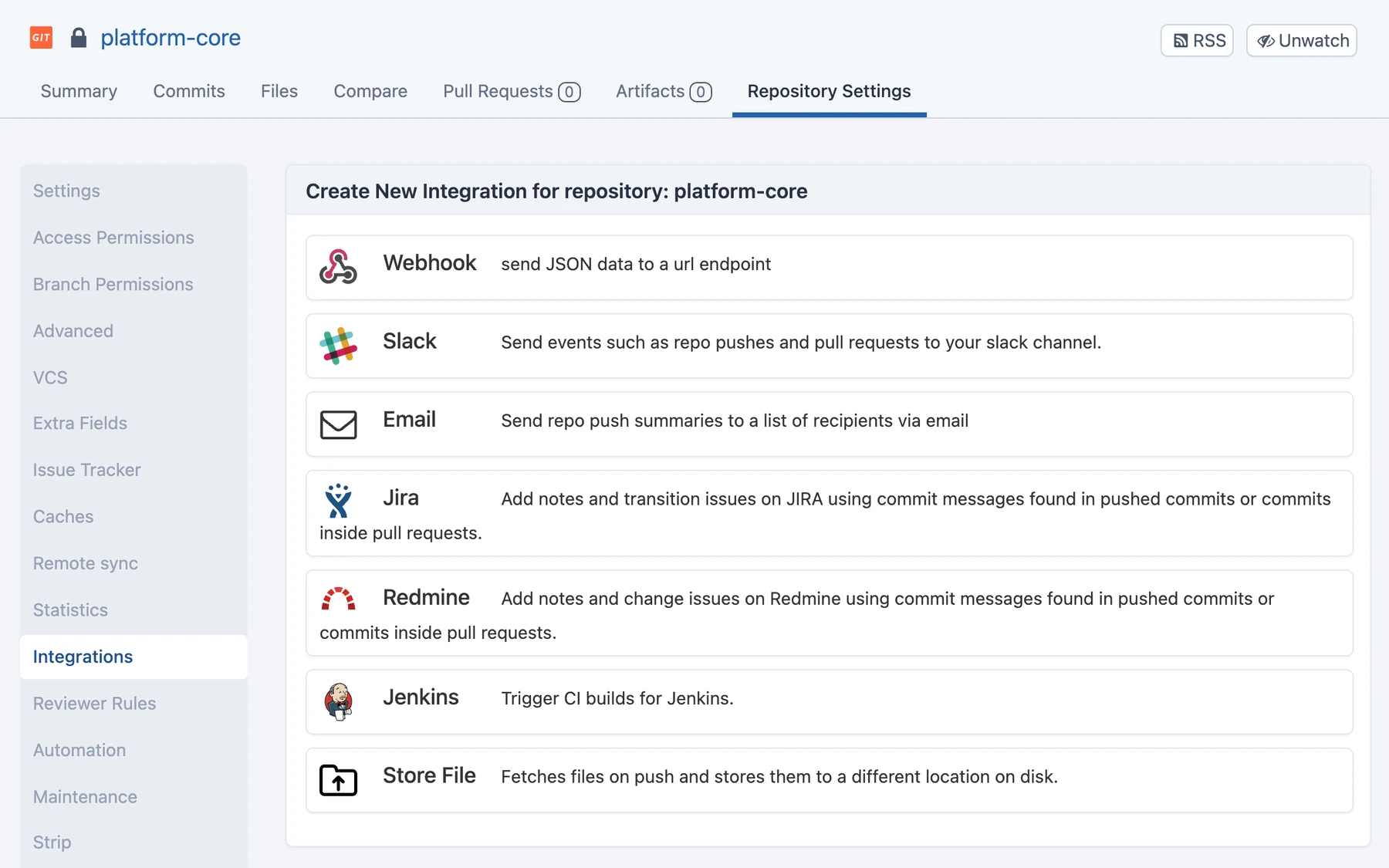 Repository integration types — Webhook, Slack, Email, Jira, Redmine, Jenkins and Store File
