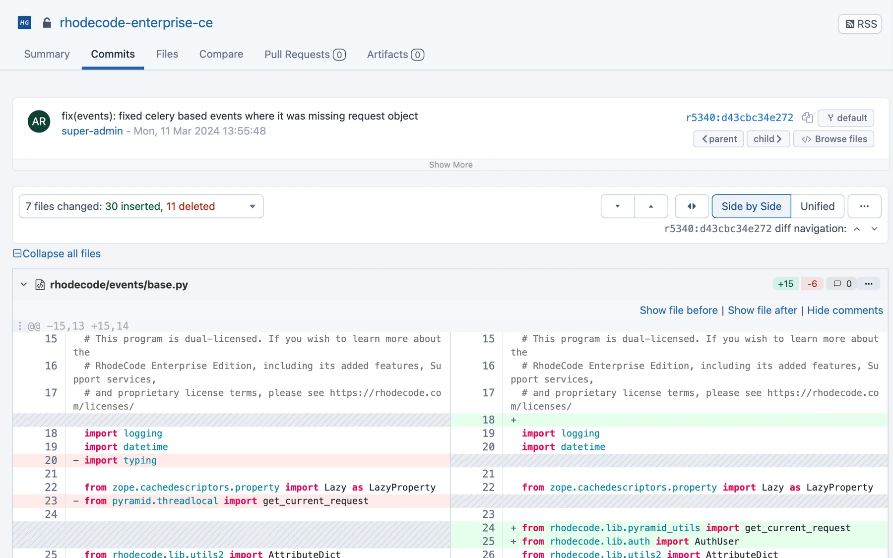 Side-by-side diff of a seven-file commit in rhodecode-enterprise-ce, removed lines in red and added lines in green