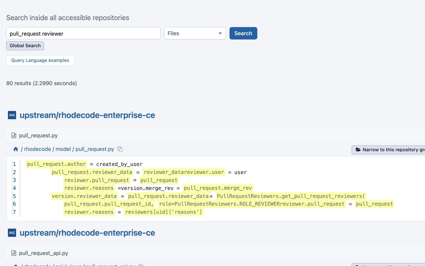 Full-text search for "pull_request reviewer" across all repositories, 80 results with the matches highlighted
