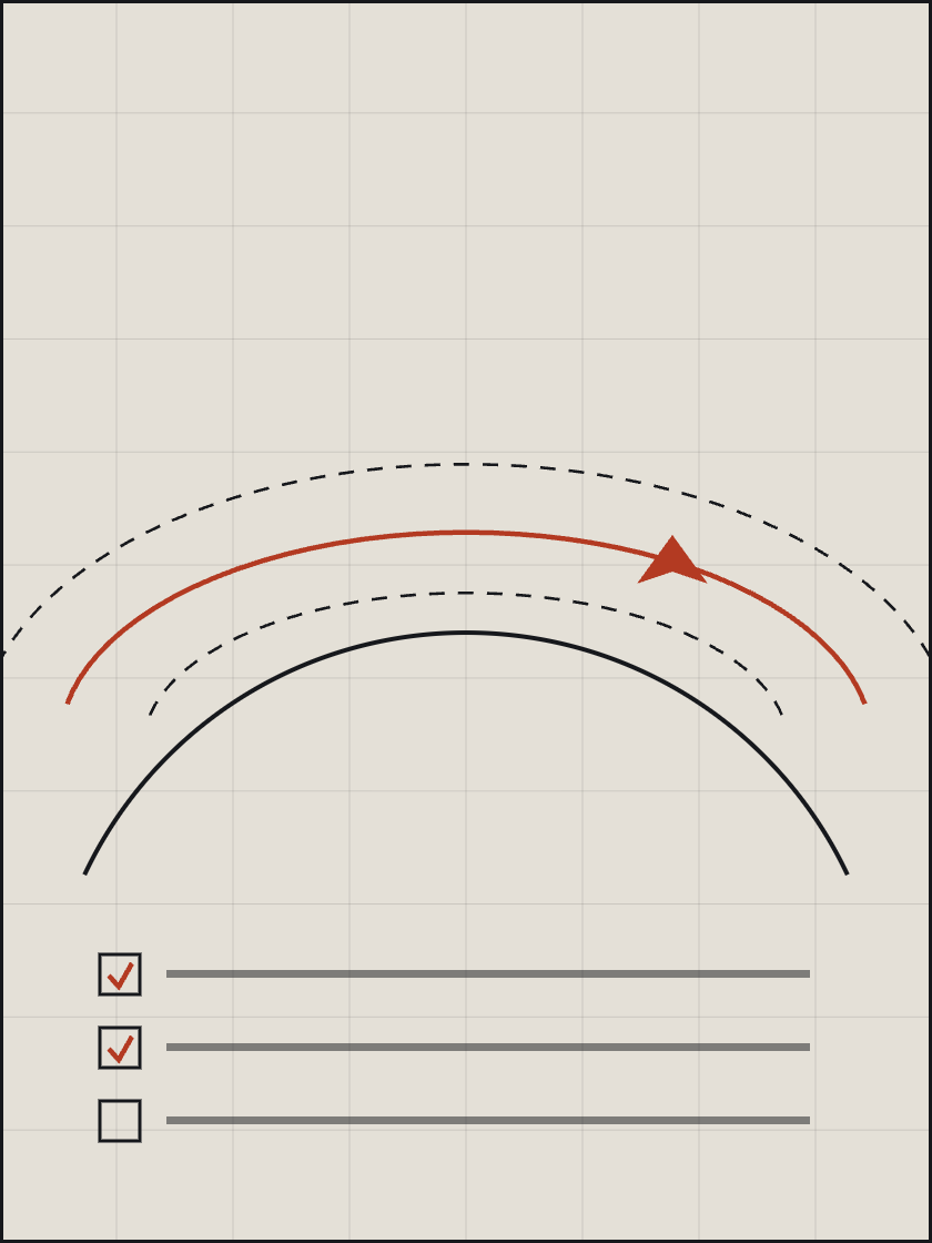Line drawing of an orbital arc with a red trajectory and a checklist, two items ticked