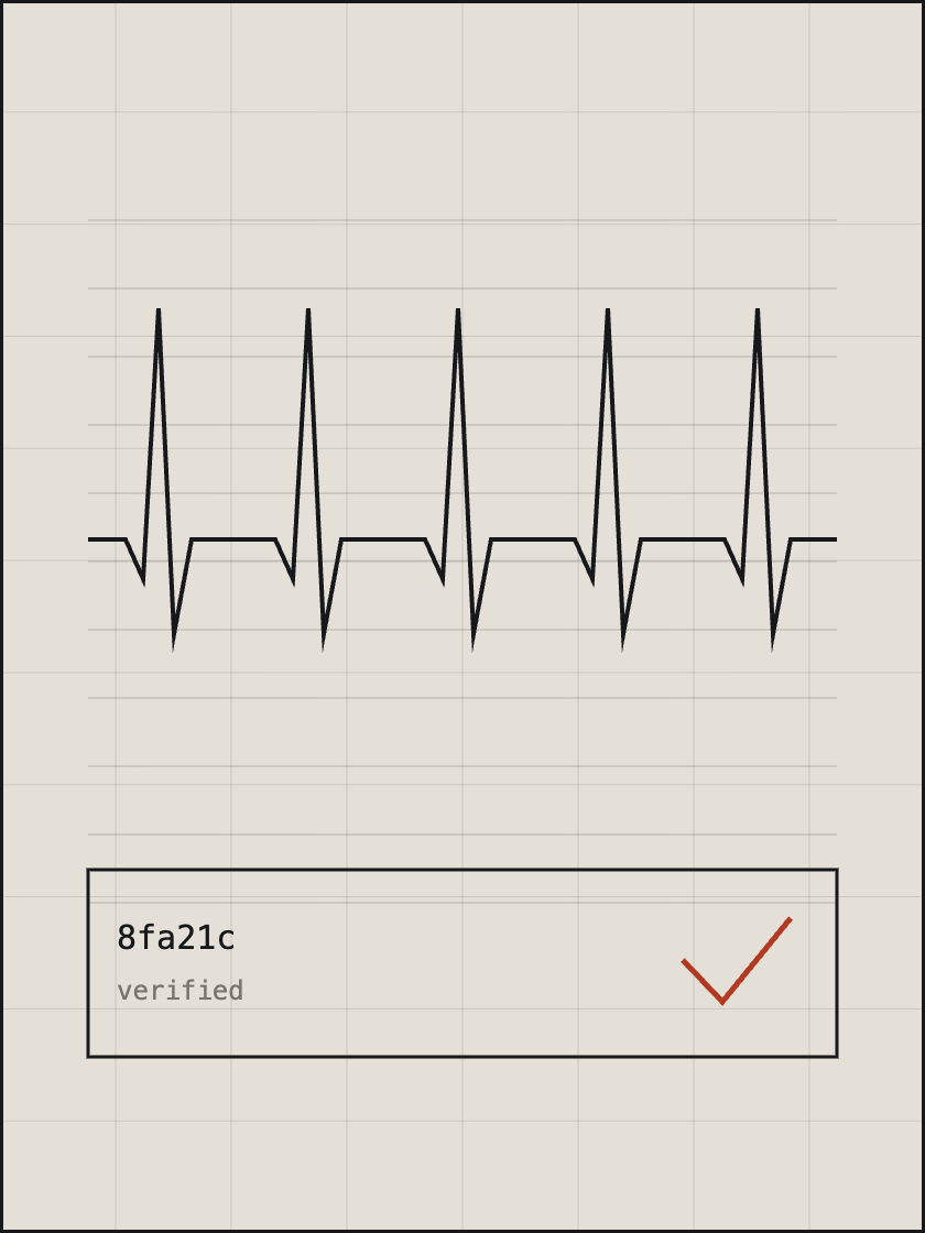 Line drawing of an ECG trace above a record card labelled 8fa21c, verified, with a red tick