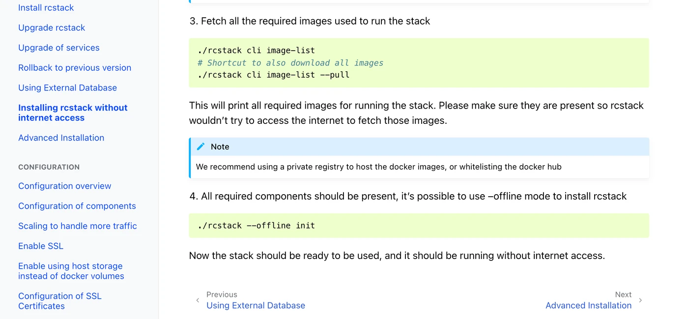 Offline install — rcstack --offline init, with no internet access