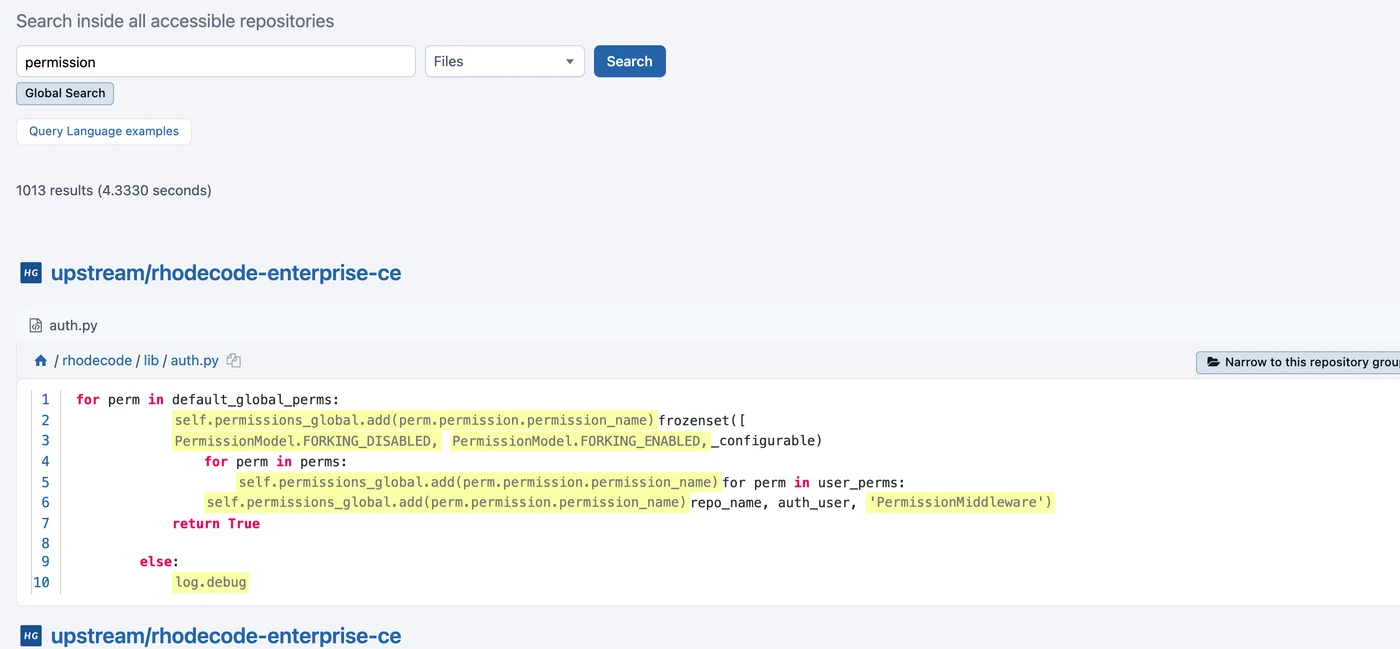 Indexed full-text search, filtered by what each user may read